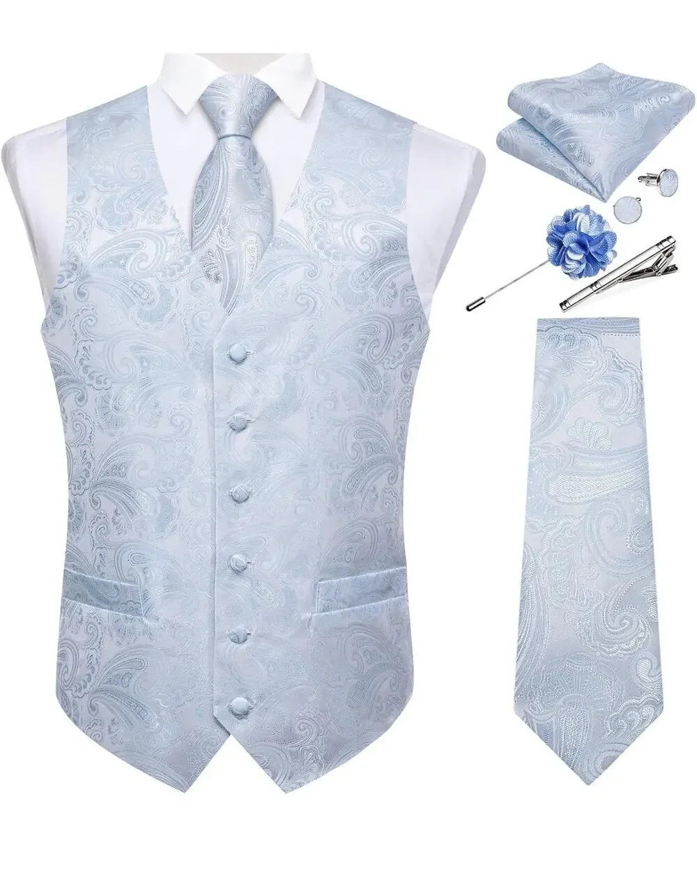 Mens 6 PCS Paisley Silk Vest Tie Set Formal Tuxedo Waistcoat Necktie Blue 3XL
